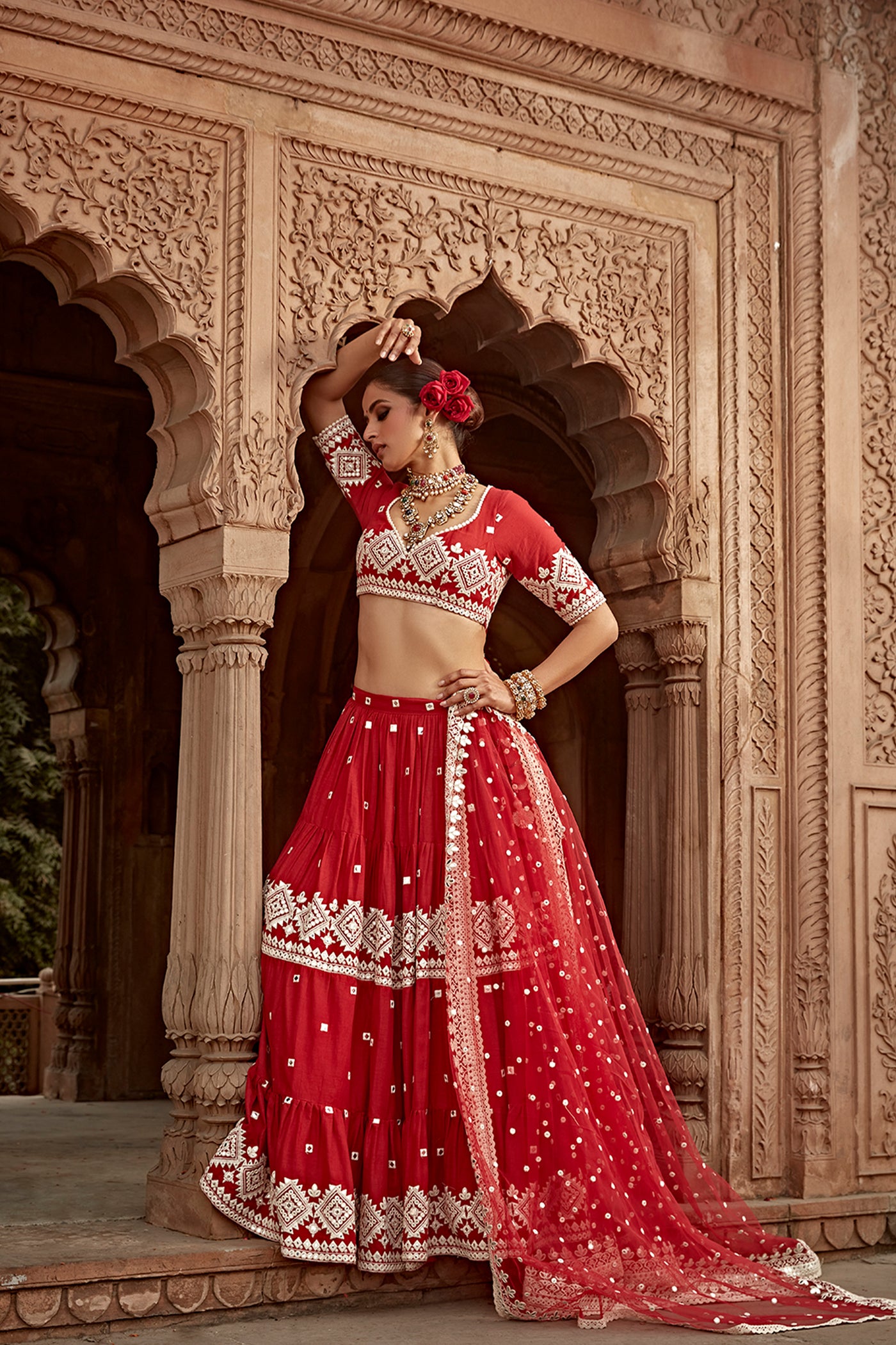 Preevin Red Diamond Lehenga with Embroidered Dupatta indian designer wear online shopping melange singapore