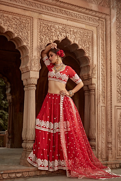Preevin Red Diamond Lehenga with Embroidered Dupatta indian designer wear online shopping melange singapore