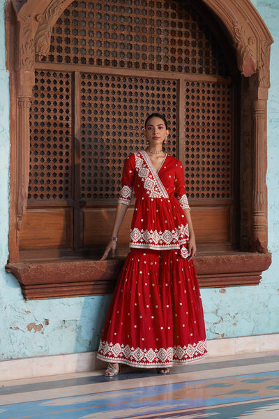 Preevin Red Diamond Peplum Sharara indian designer wear online shopping melange singapore