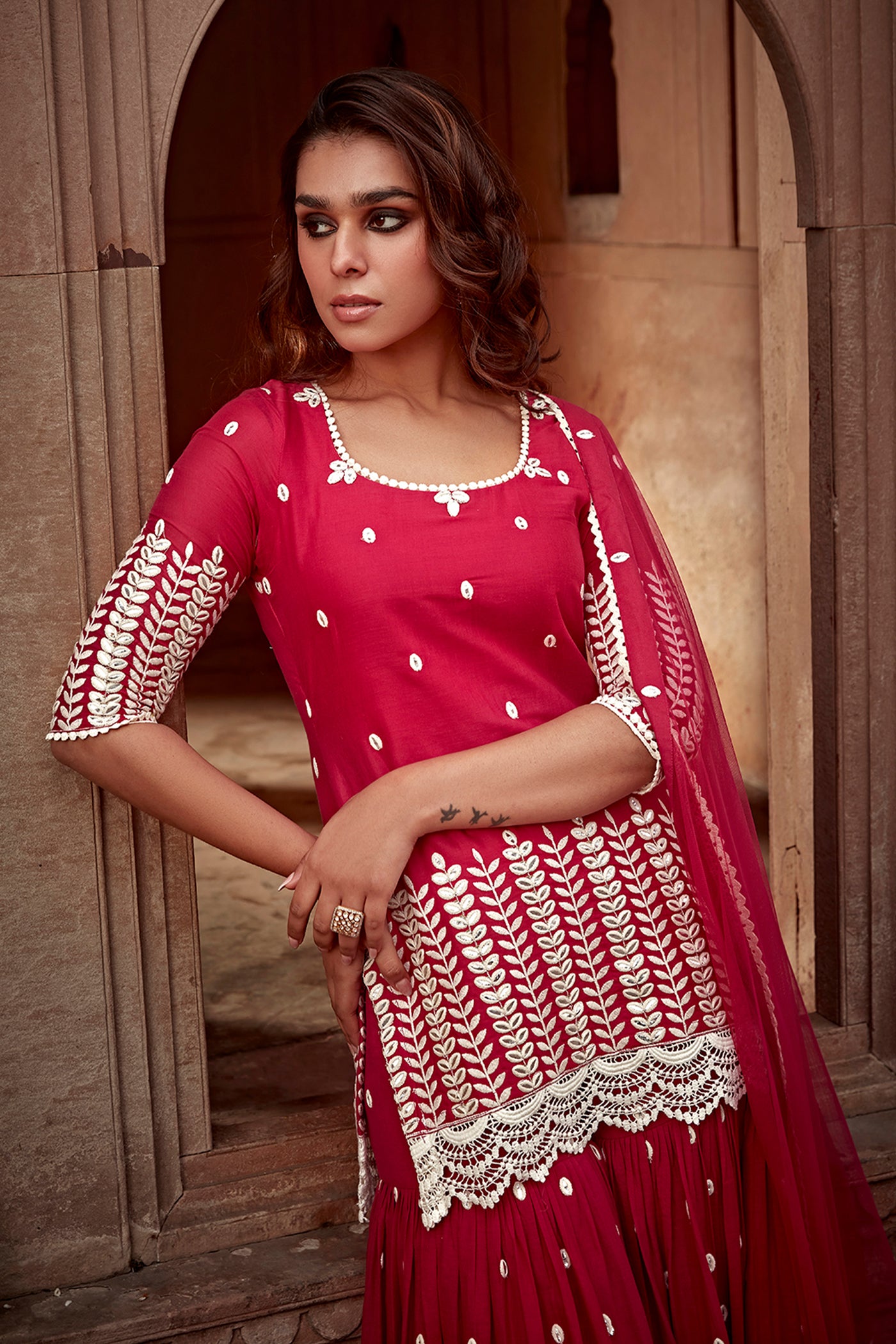 Preevin Red Leaf Straight Sharara indian designer wear online shopping melange singapore