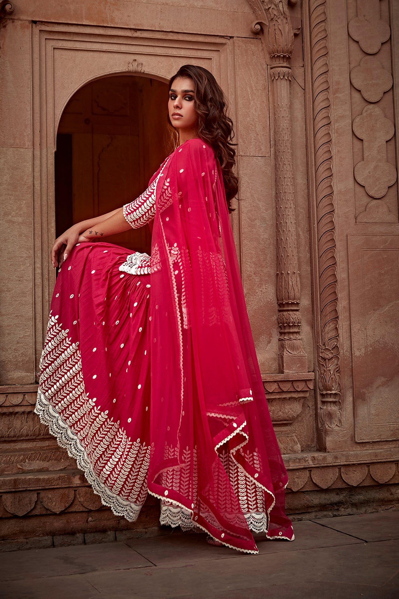 Preevin Red Leaf Straight Sharara indian designer wear online shopping melange singapore