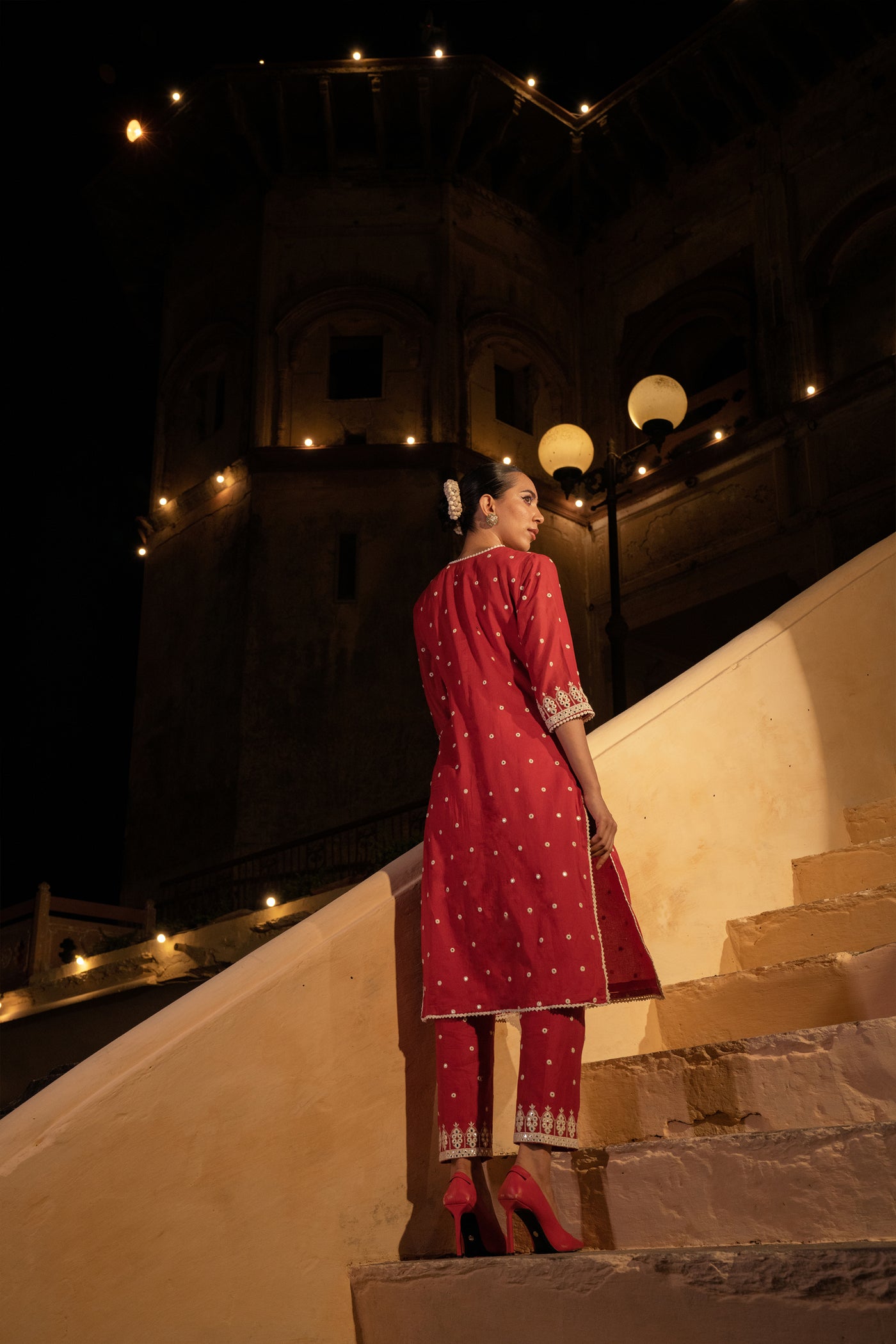 Preevin Red Triangle Kurta with Pants indian designer wear online shopping melange singapore