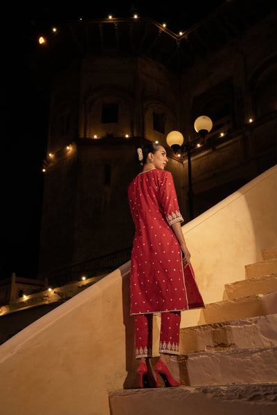 Preevin Red Triangle Kurta with Pants indian designer wear online shopping melange singapore