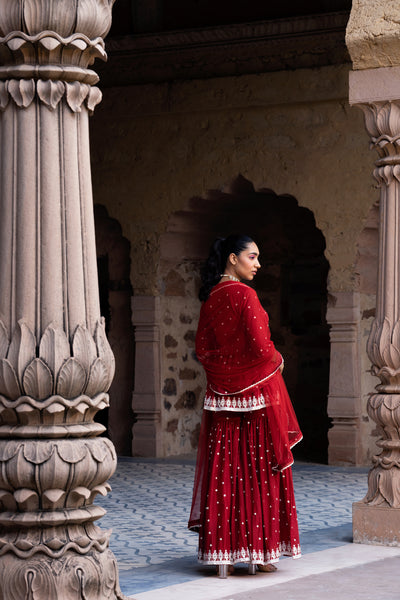 Preevin Red Triangle Peplum Sharara indian designer wear online shopping melange singapore