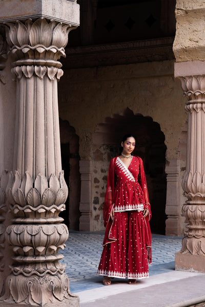 Preevin Red Triangle Peplum Sharara indian designer wear online shopping melange singapore