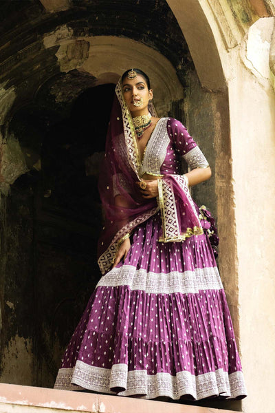 Preevin Wine Big Border Lehenga With Embroidered Dupatta indian designer wear online shopping melange singapore 