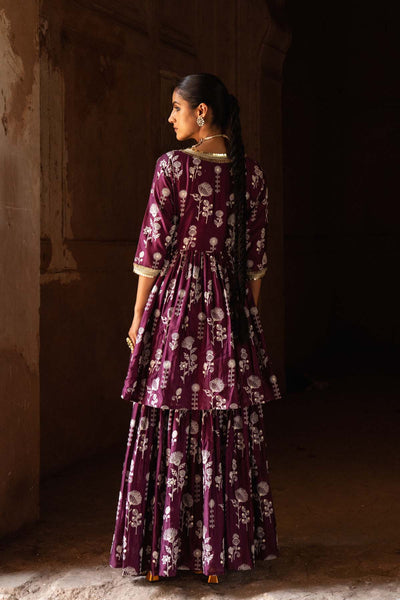 Preevin Wine Double Layer Sunflower All Over Embroidered Angrakha indian designer wear online shopping melange singapore 
