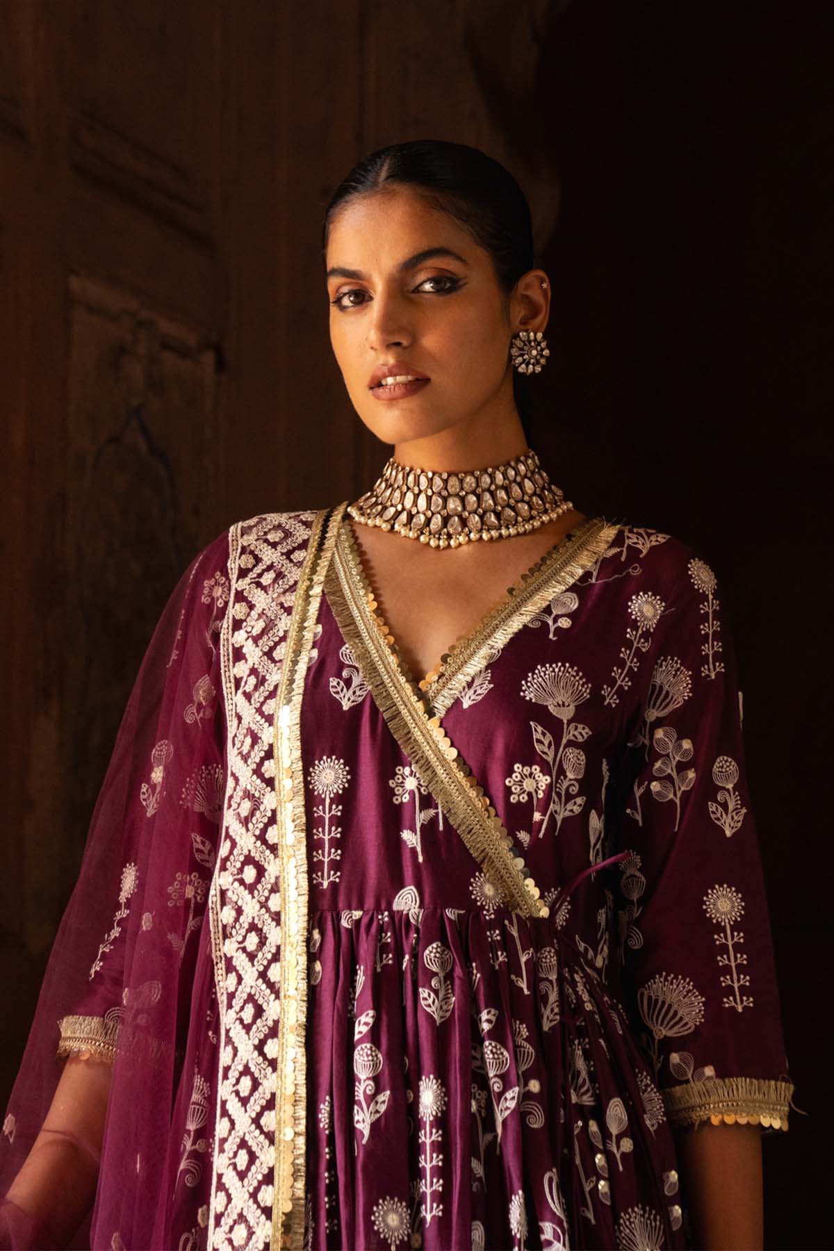 Preevin Wine Double Layer Sunflower All Over Embroidered Angrakha indian designer wear online shopping melange singapore 