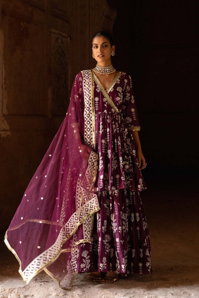Preevin Wine Double Layer Sunflower All Over Embroidered Angrakha indian designer wear online shopping melange singapore 