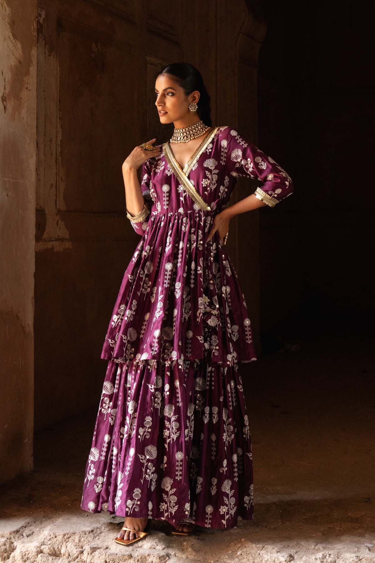 Preevin Wine Double Layer Sunflower All Over Embroidered Angrakha indian designer wear online shopping melange singapore 