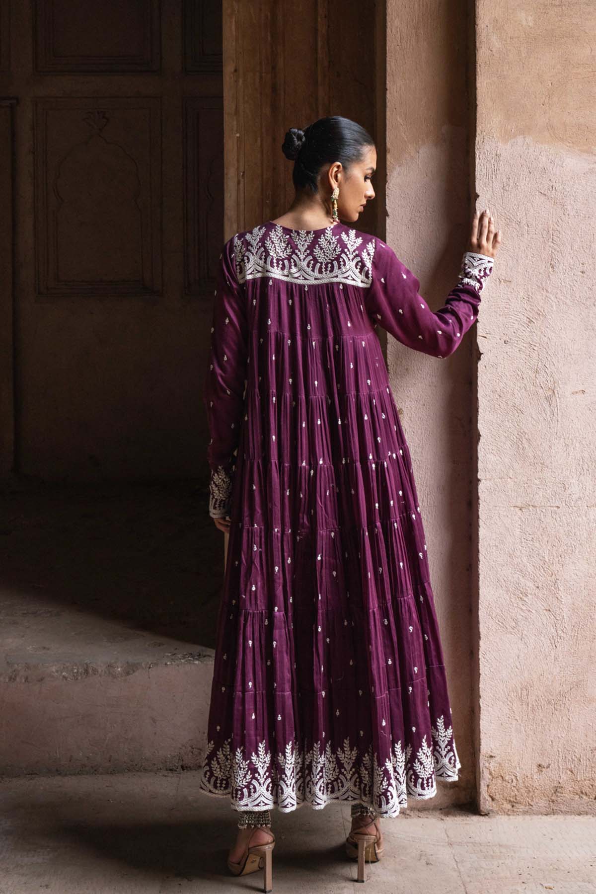 Preevin Wine Forest 8 Layer All Over Embroided Anarkali indian designer wear online shopping melange singapore 
