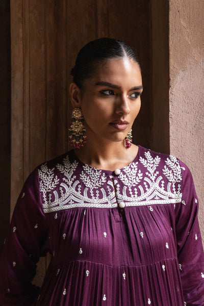 Preevin Wine Forest 8 Layer All Over Embroided Anarkali indian designer wear online shopping melange singapore 