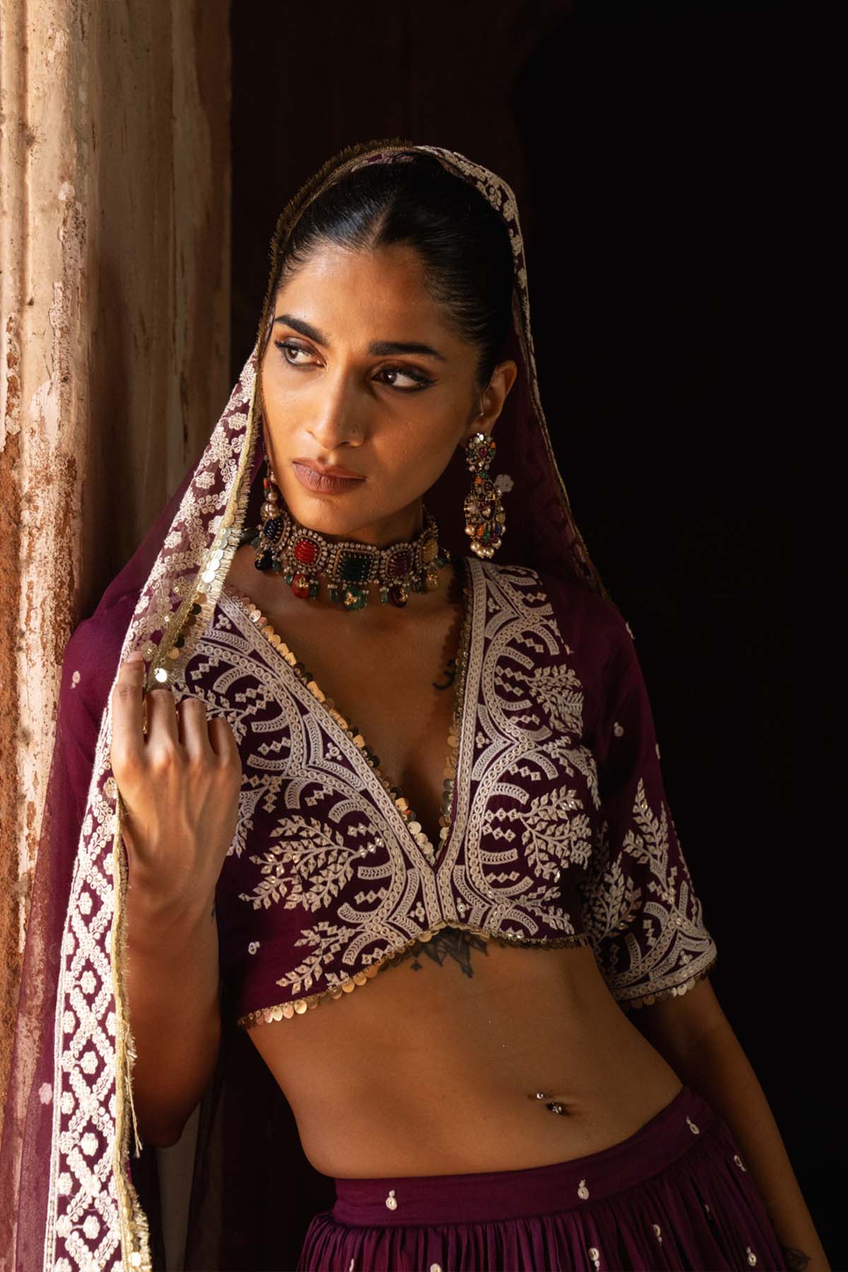 Preevin Wine Forest Lehenga With Embroidered Dupatta indian designer wear online shopping melange singapore 