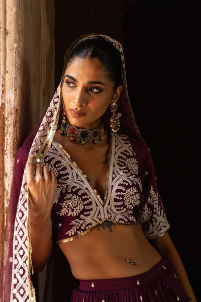 Preevin Wine Forest Lehenga With Embroidered Dupatta indian designer wear online shopping melange singapore 