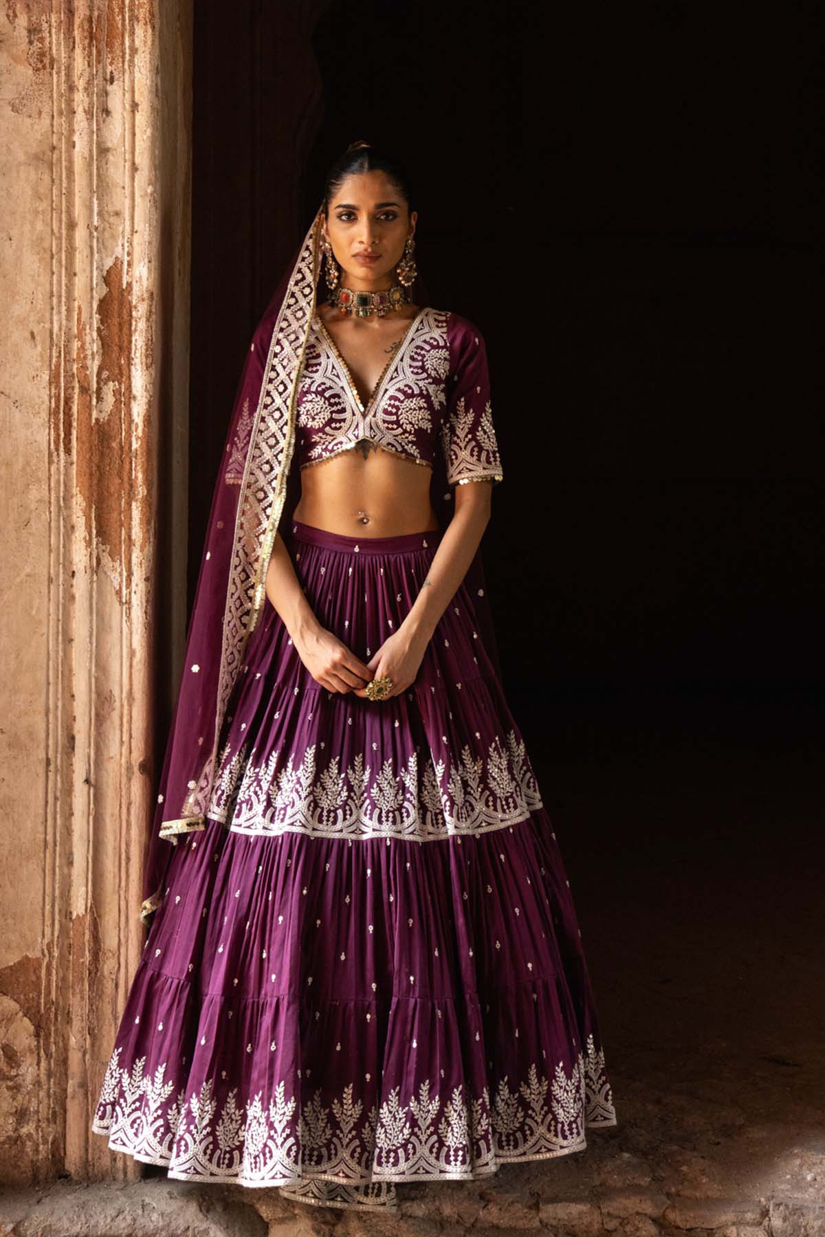 Preevin Wine Forest Lehenga With Embroidered Dupatta indian designer wear online shopping melange singapore 