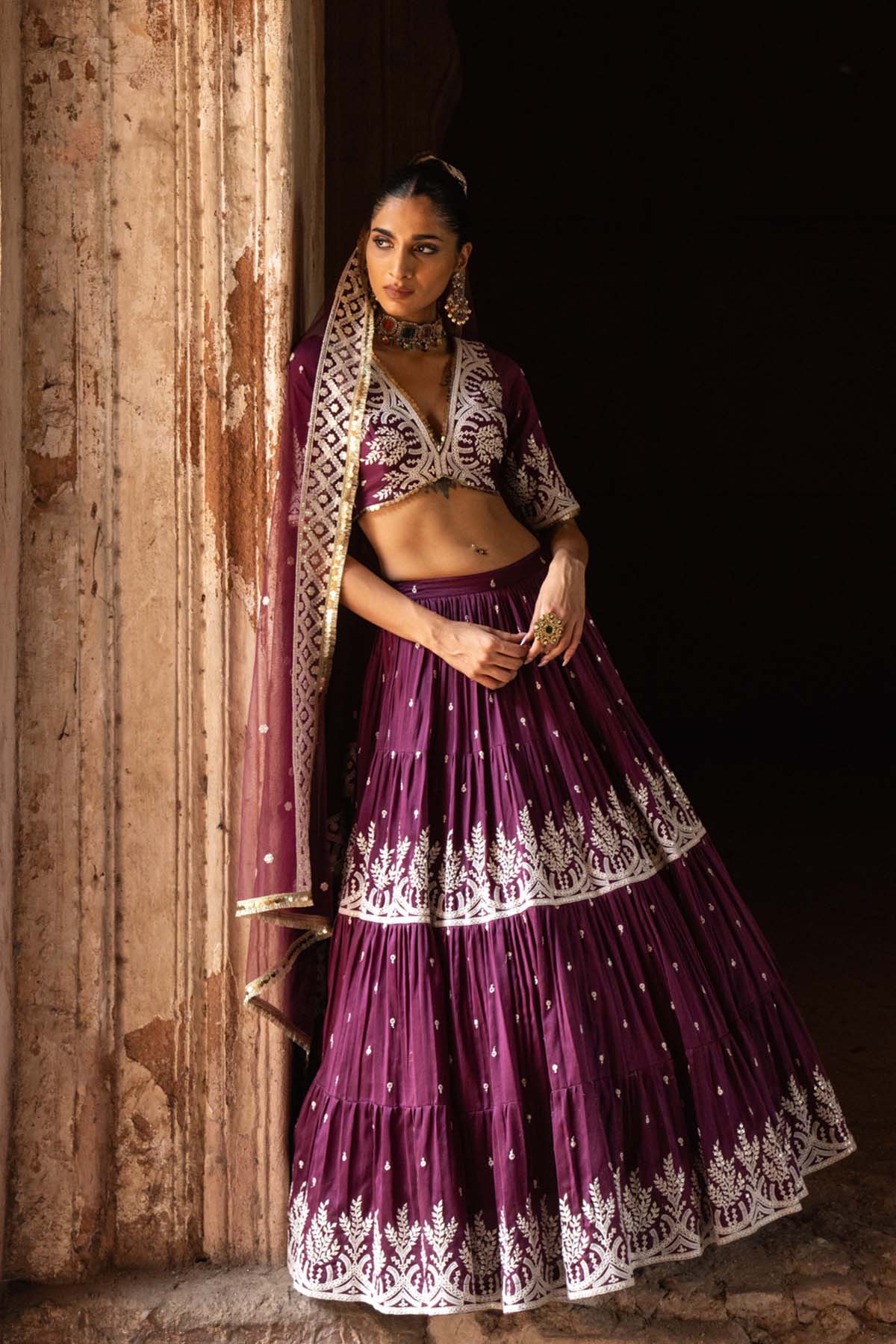 Preevin Wine Forest Lehenga With Embroidered Dupatta indian designer wear online shopping melange singapore 