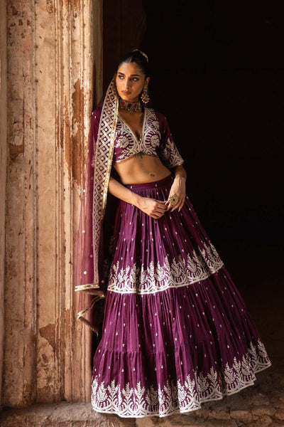 Preevin Wine Forest Lehenga With Embroidered Dupatta indian designer wear online shopping melange singapore 