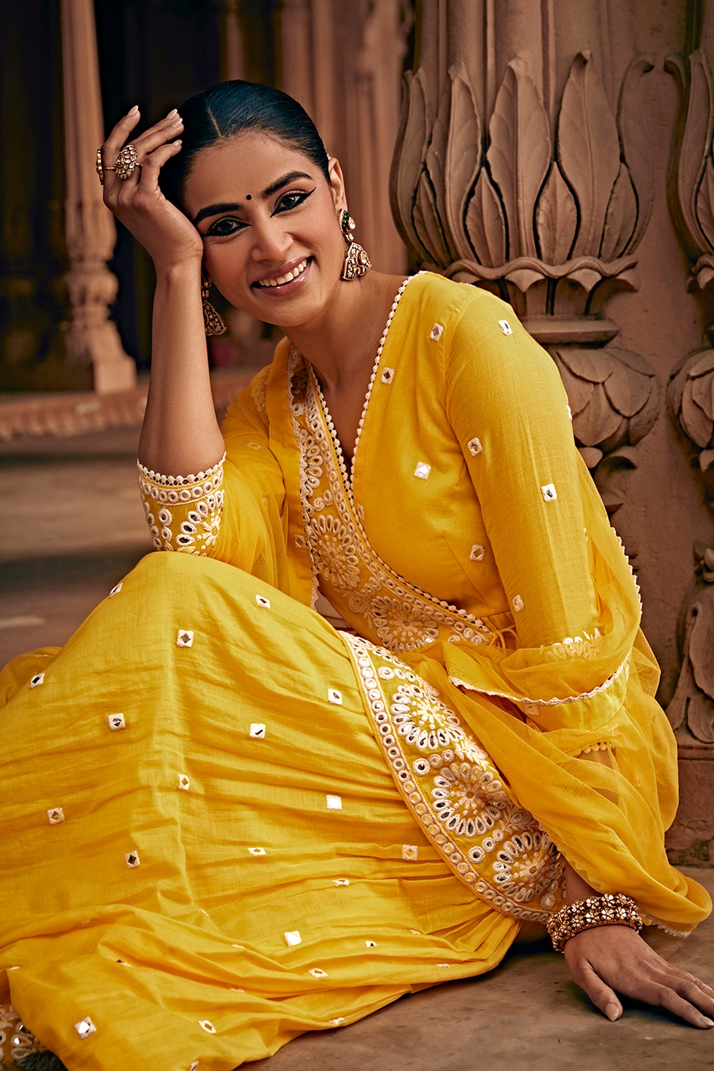 Preevin Yellow Circle Peplum Sharara indian designer wear online shopping melange singapore