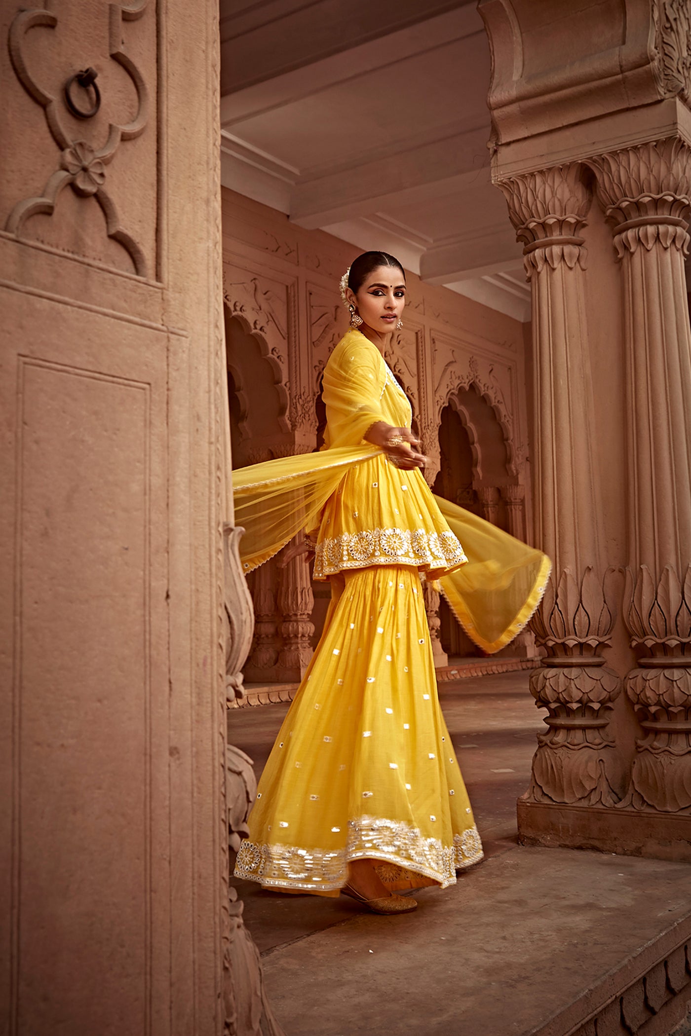 Preevin Yellow Circle Peplum Sharara indian designer wear online shopping melange singapore