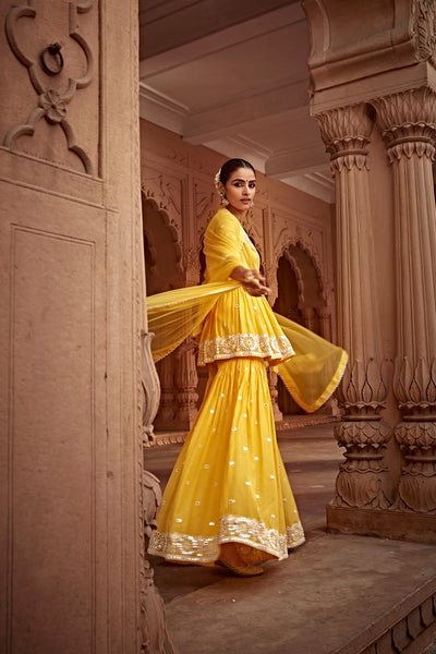 Preevin Yellow Circle Peplum Sharara indian designer wear online shopping melange singapore