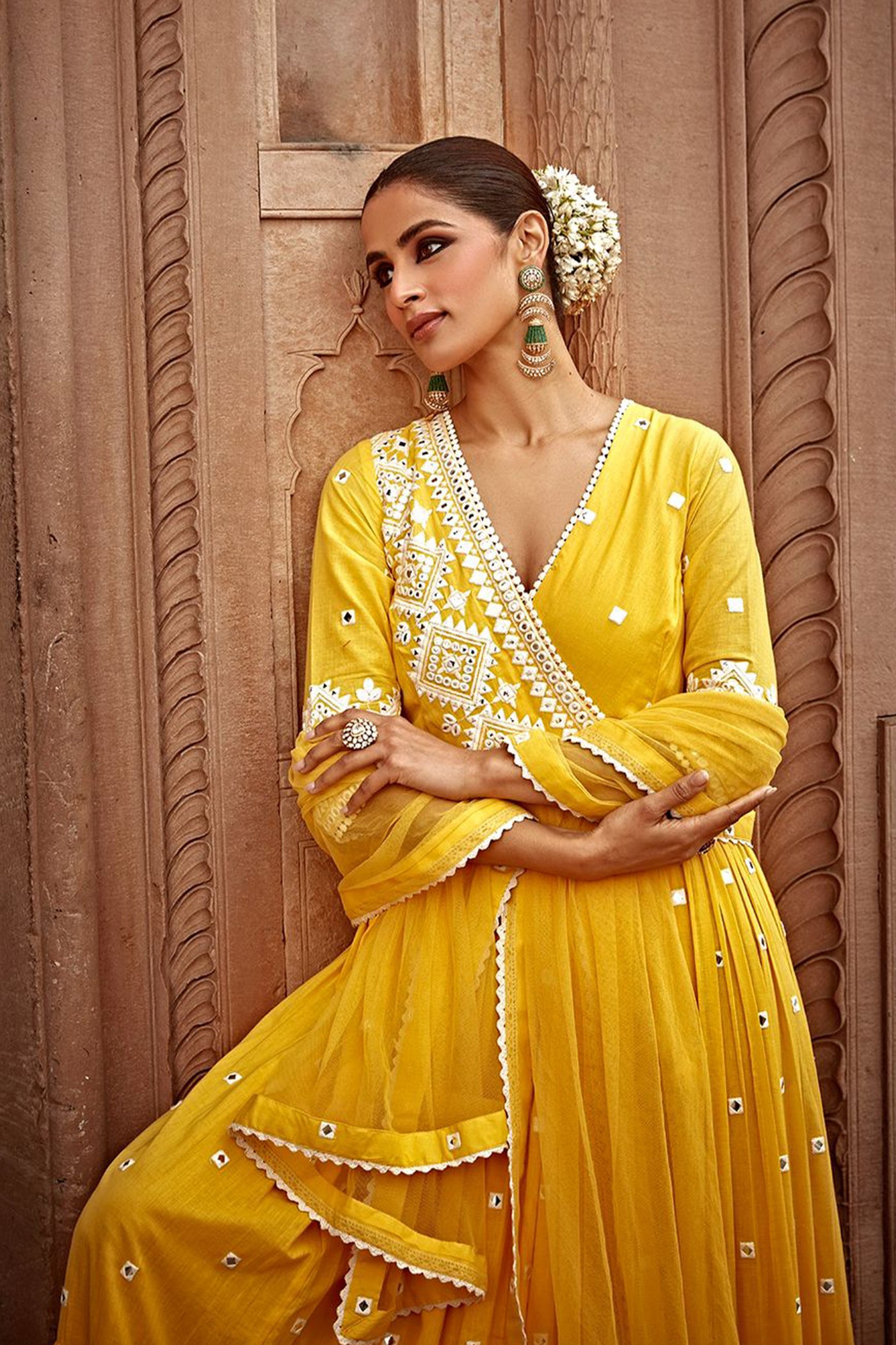 Preevin Yellow Diamond Angrakha indian designer wear online shopping melange singapore