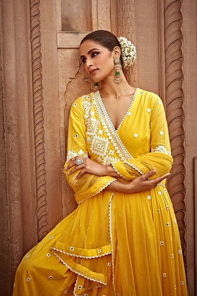 Preevin Yellow Diamond Angrakha indian designer wear online shopping melange singapore