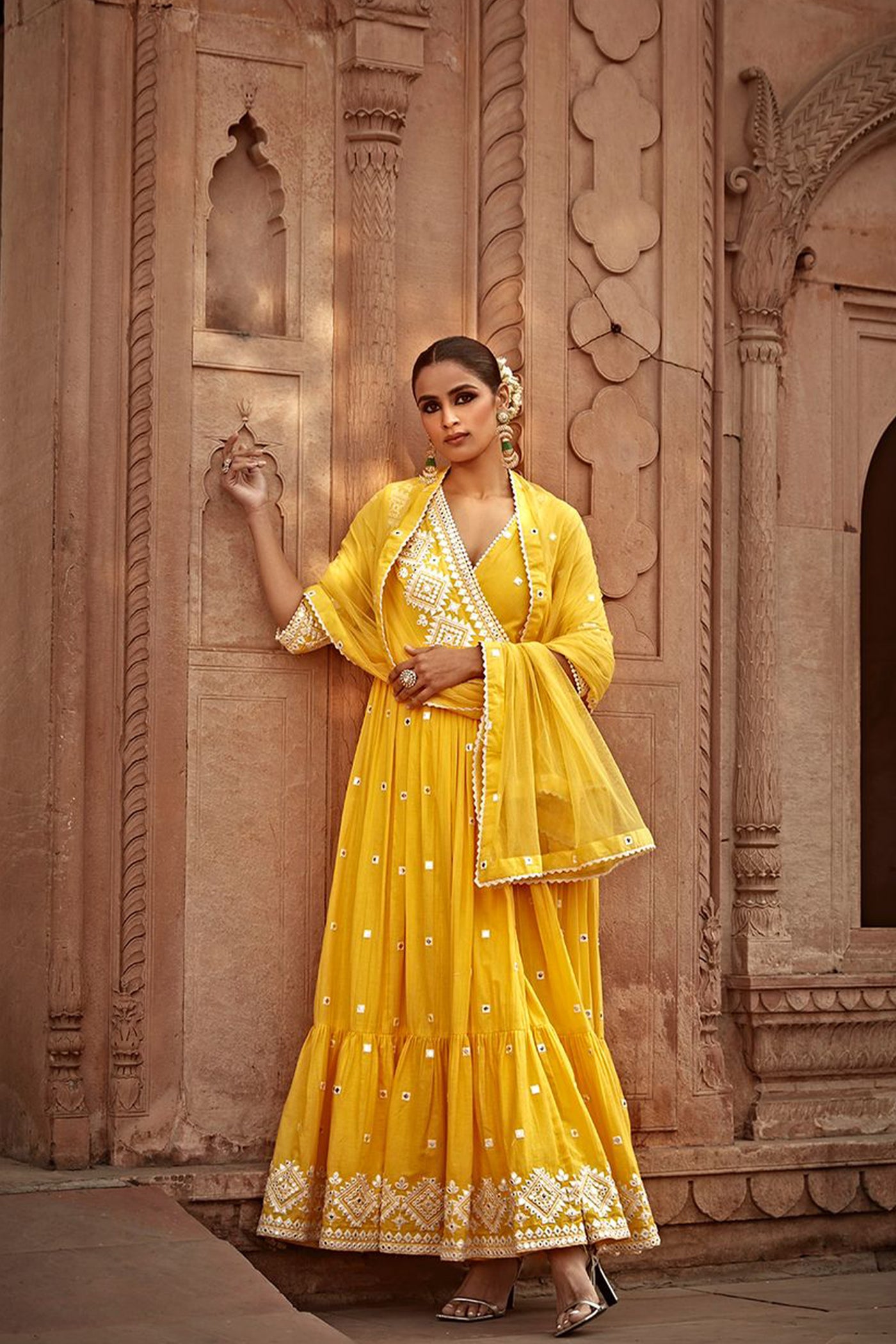 Preevin Yellow Diamond Angrakha indian designer wear online shopping melange singapore