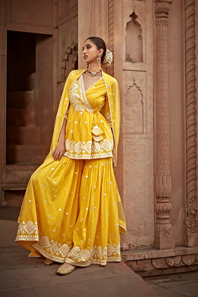 Preevin Yellow Diamond Peplum Sharara indian designer wear online shopping melange singapore