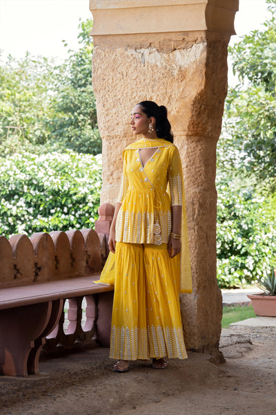 Preevin Yellow Leaf Peplum Sharara indian designer wear online shopping melange singapore