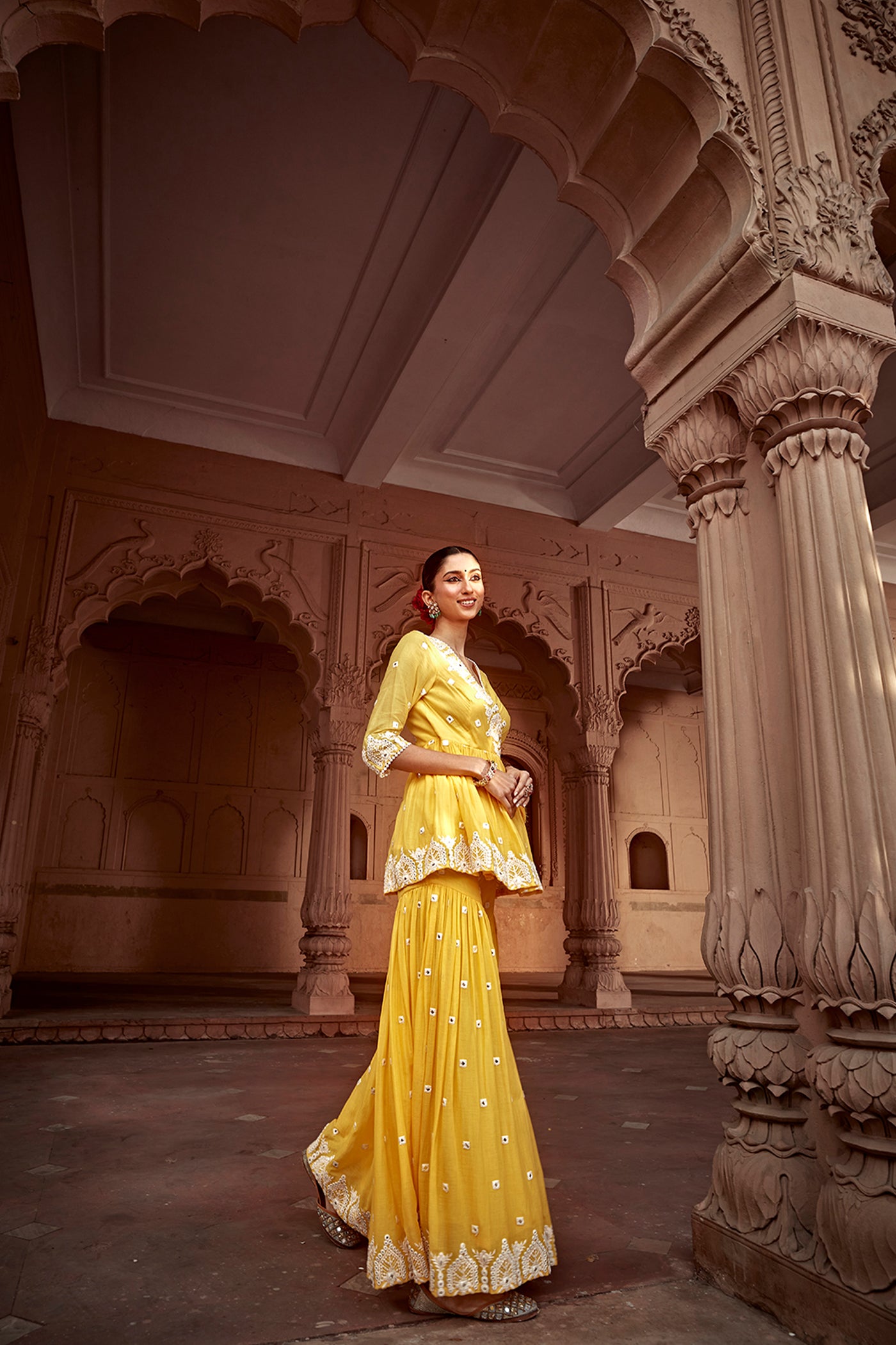 Preevin Yellow Temple Peplum Sharara indian designer wear online shopping melange singapore
