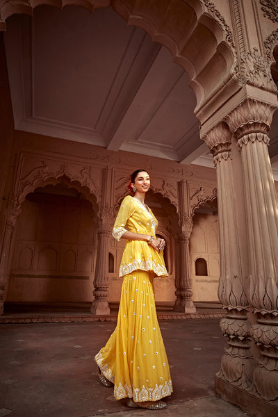 Preevin Yellow Temple Peplum Sharara indian designer wear online shopping melange singapore