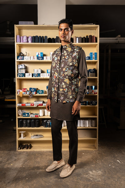 Project Bandi Charcoal Kaari Open Bandi With Matching Kurta Pajama Set indian designer wear online shopping melange singapore