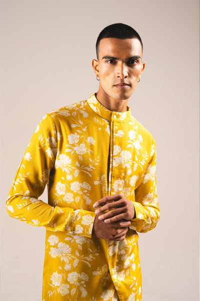 Project Bandi Yellow White Rose Side Slit Kurta Pajama Set indian designer wear online shopping melange singapore