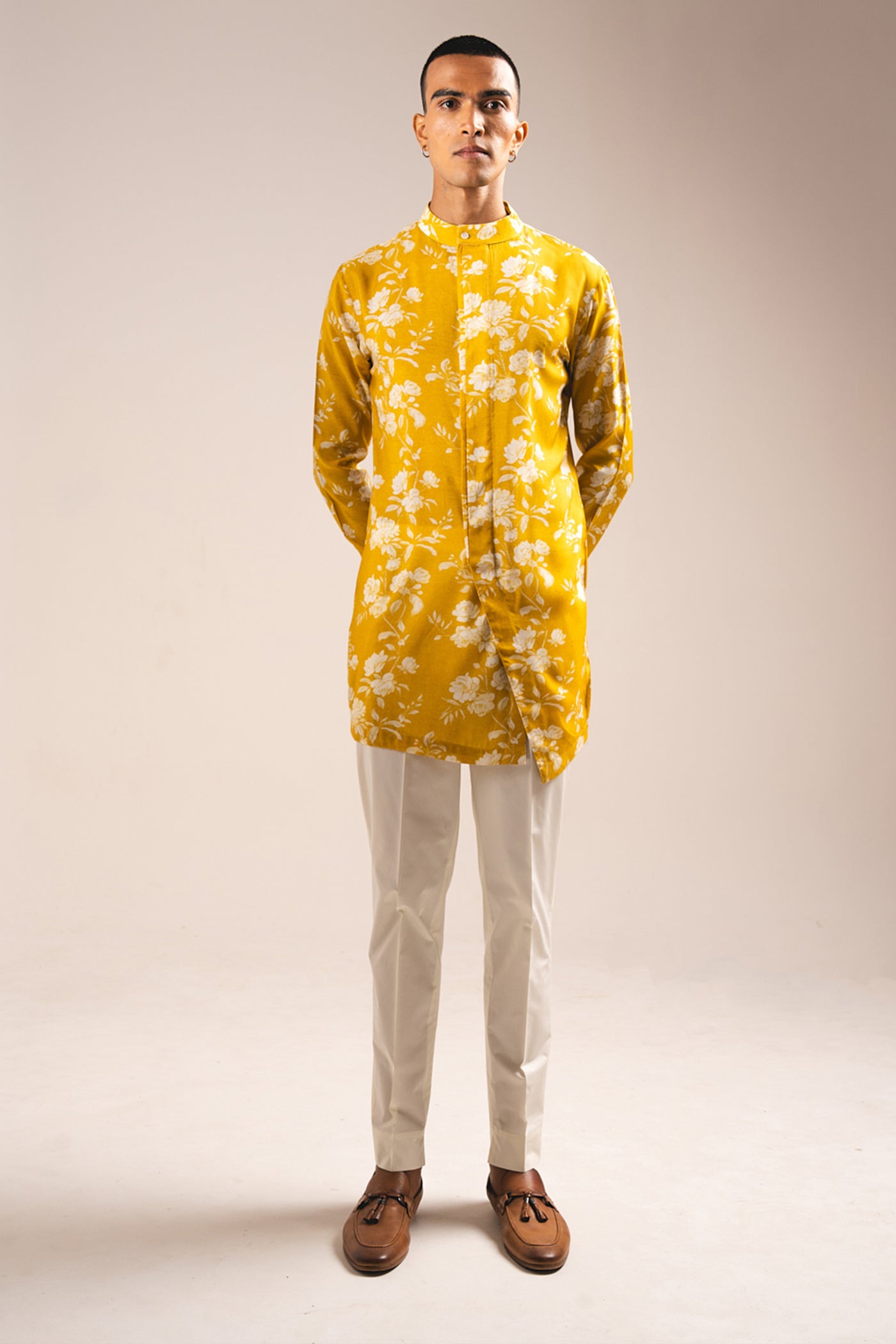 Project Bandi Yellow White Rose Side Slit Kurta Pajama Set indian designer wear online shopping melange singapore