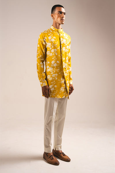 Project Bandi Yellow White Rose Side Slit Kurta Pajama Set indian designer wear online shopping melange singapore