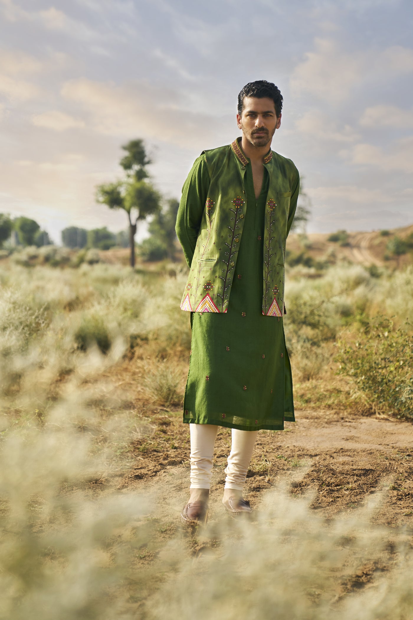 Punit Balana Menswear Kacha Aam Kurta Paired With Printed Bundi Jacket Paired With Churidar indian designer wear online shopping melange singapore