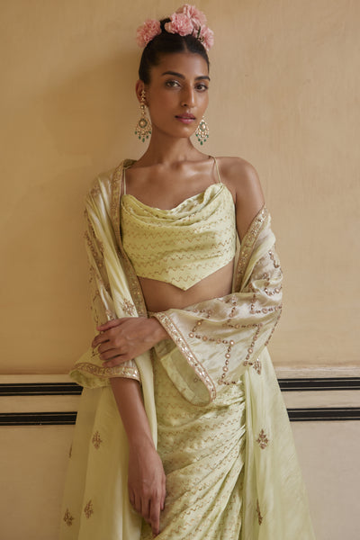 Punit Balana Mint Drape Skirt Paired With cowl Top & Cape indian designer wear online shopping melange singapore