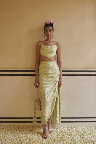 Punit Balana Mint Drape Skirt Paired With cowl Top & Cape indian designer wear online shopping melange singapore