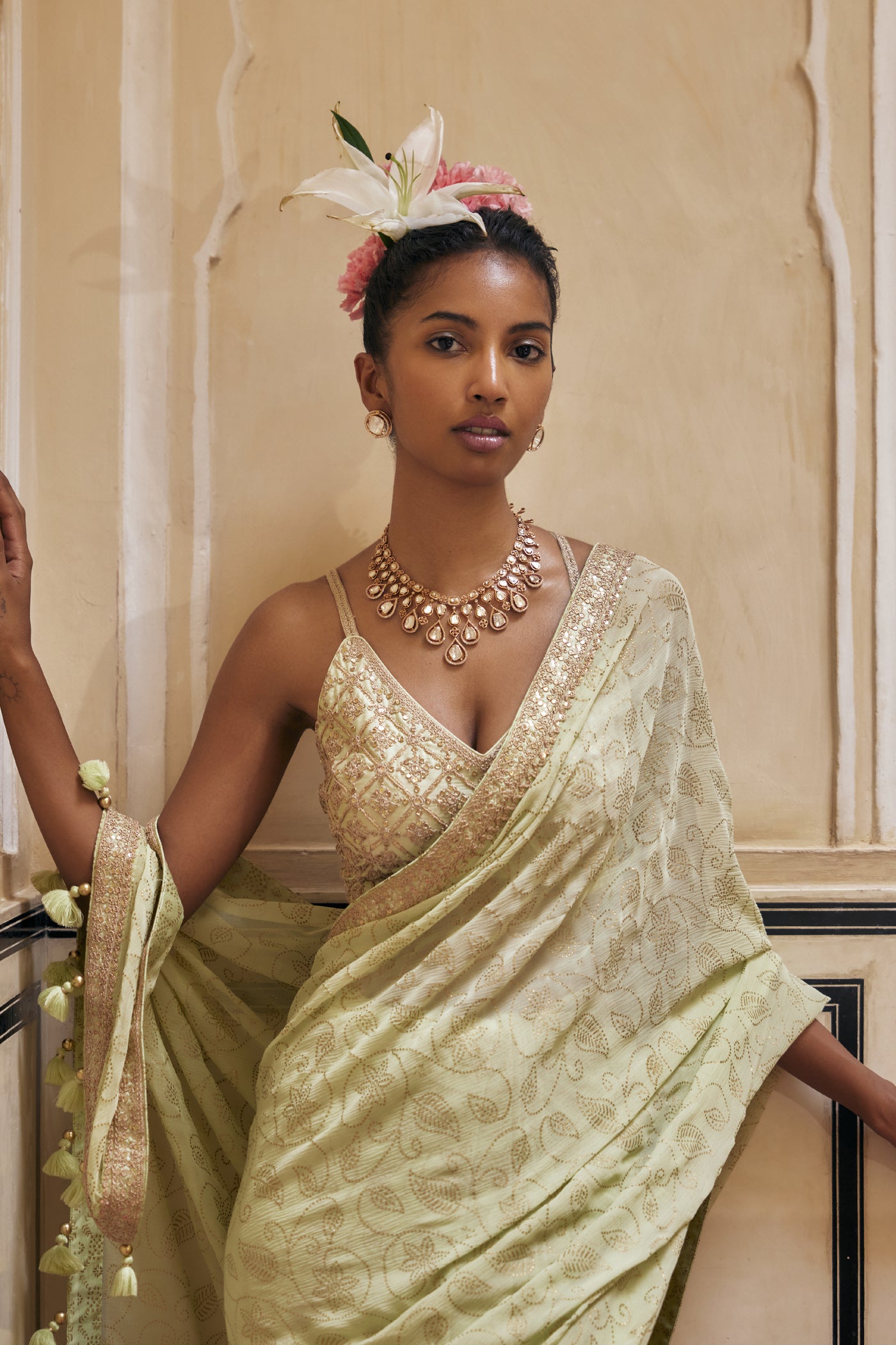 Punit Balana Mint Gold Print Saree With Embroidered Blouse indian designer wear online shopping melange singapore