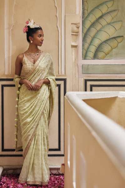 Punit Balana Mint Gold Print Saree With Embroidered Blouse indian designer wear online shopping melange singapore