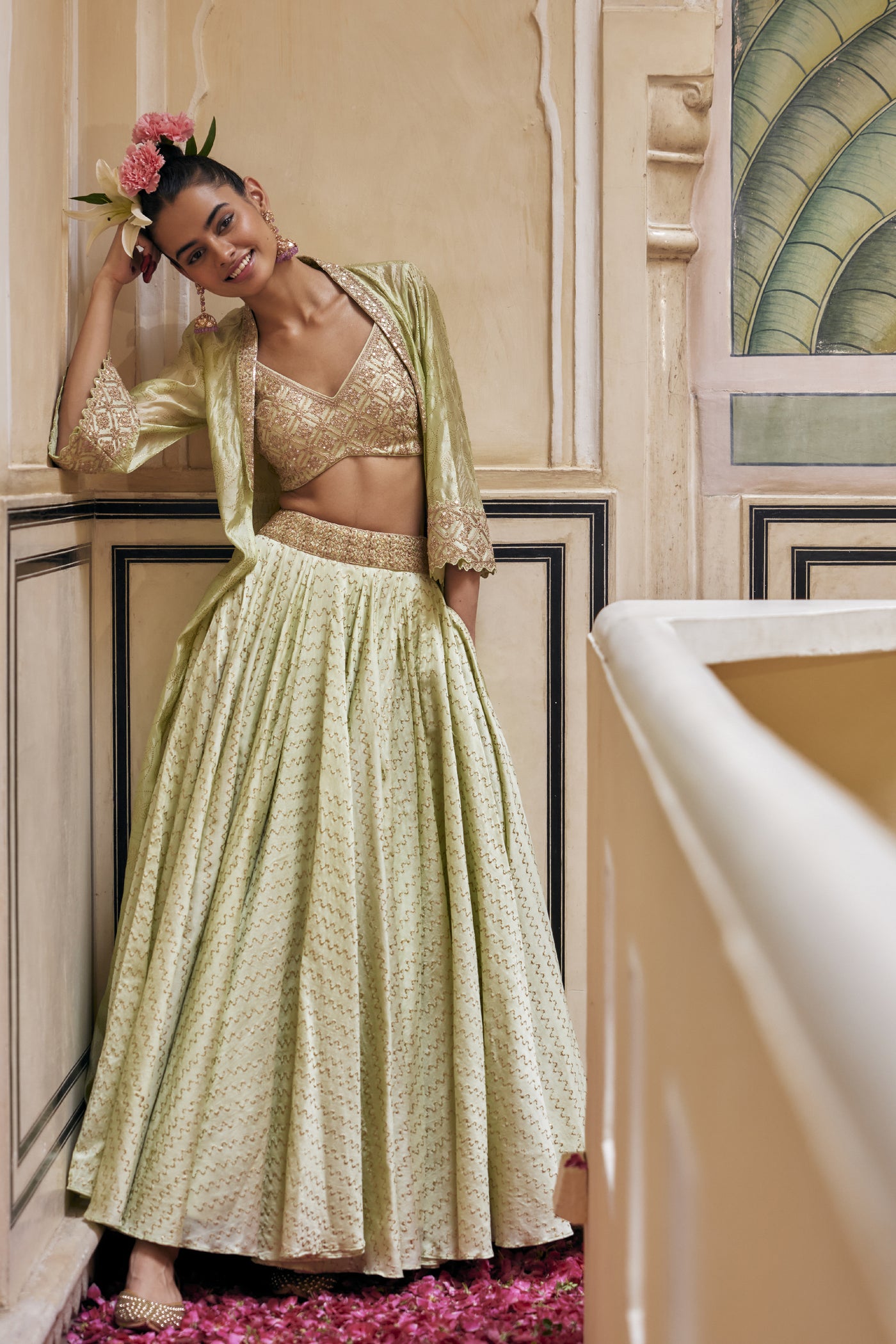  Punit Balana Mint Skirt & Blouse Paired With Cape indian designer wear online shopping melange singapore