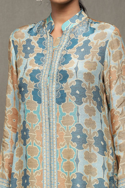 Ritu Kumar Aqua Blue Printed Kurta With Palazzo indian designer wear online shopping melange singapore