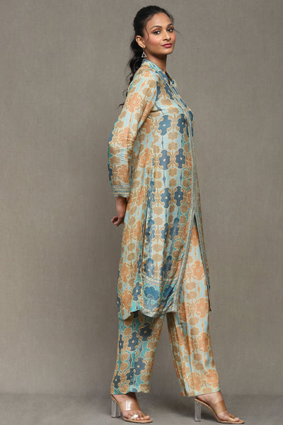 Ritu Kumar Aqua Blue Printed Kurta With Palazzo indian designer wear online shopping melange singapore