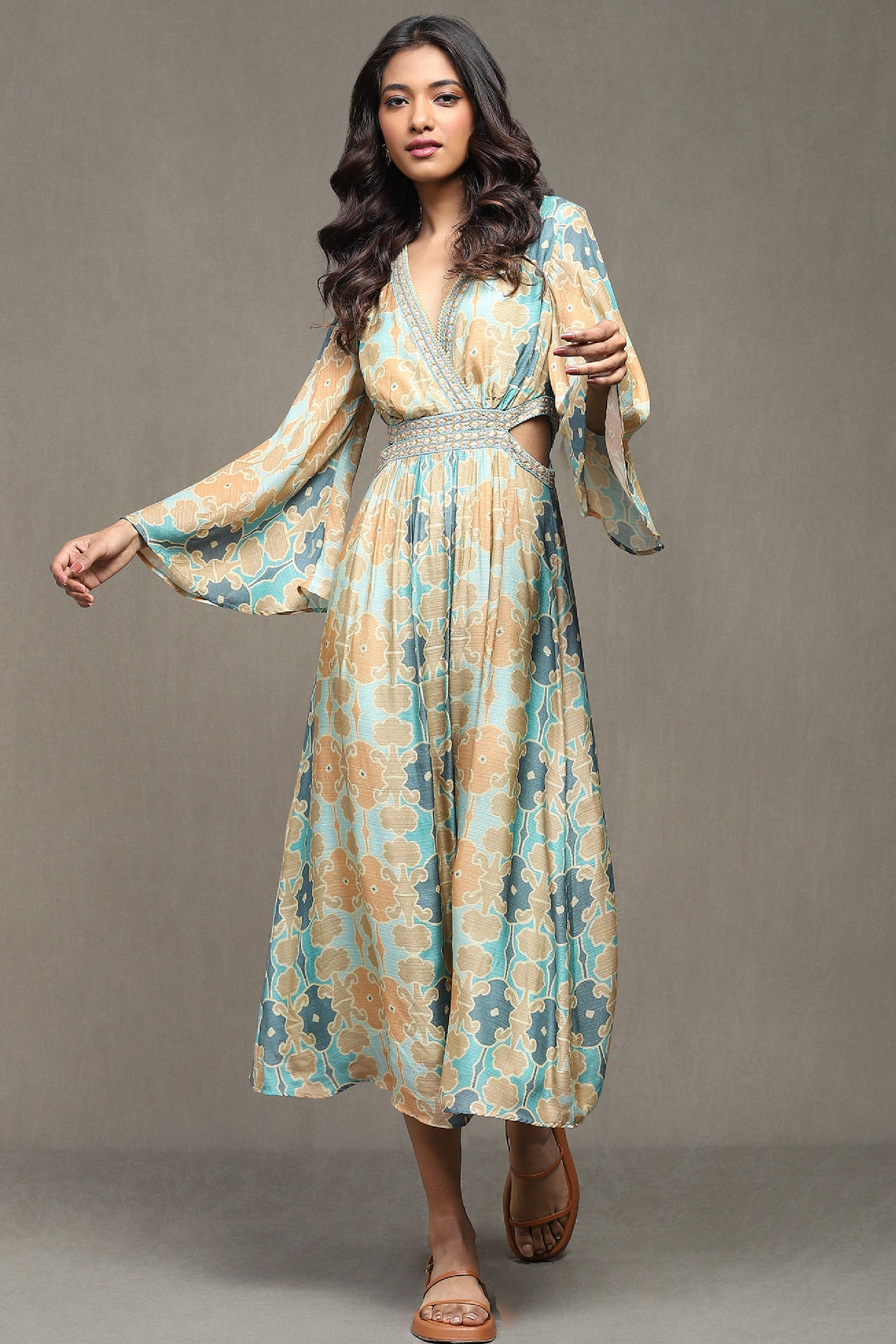 Ritu Kumar Aqua Blue Printed Long Dress indian designer wear online shopping melange singapore