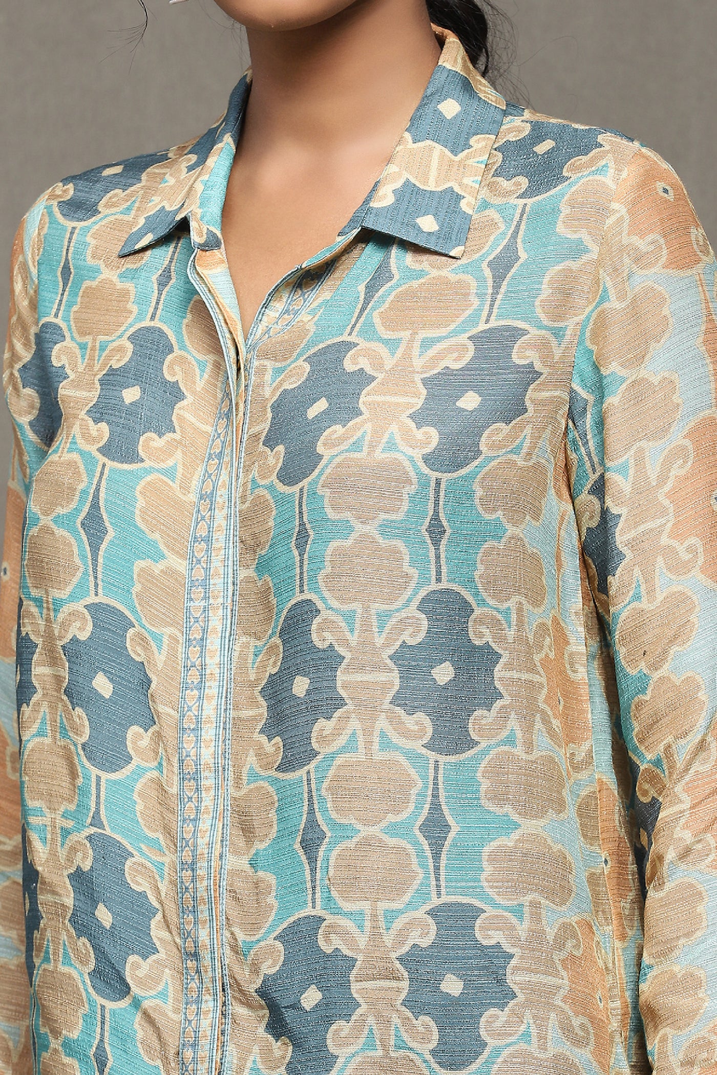 Ritu Kumar AquAqua Blue Printed Shirt indian designer wear online shopping melange singapore
