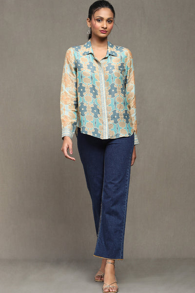 Ritu Kumar AquAqua Blue Printed Shirt indian designer wear online shopping melange singapore