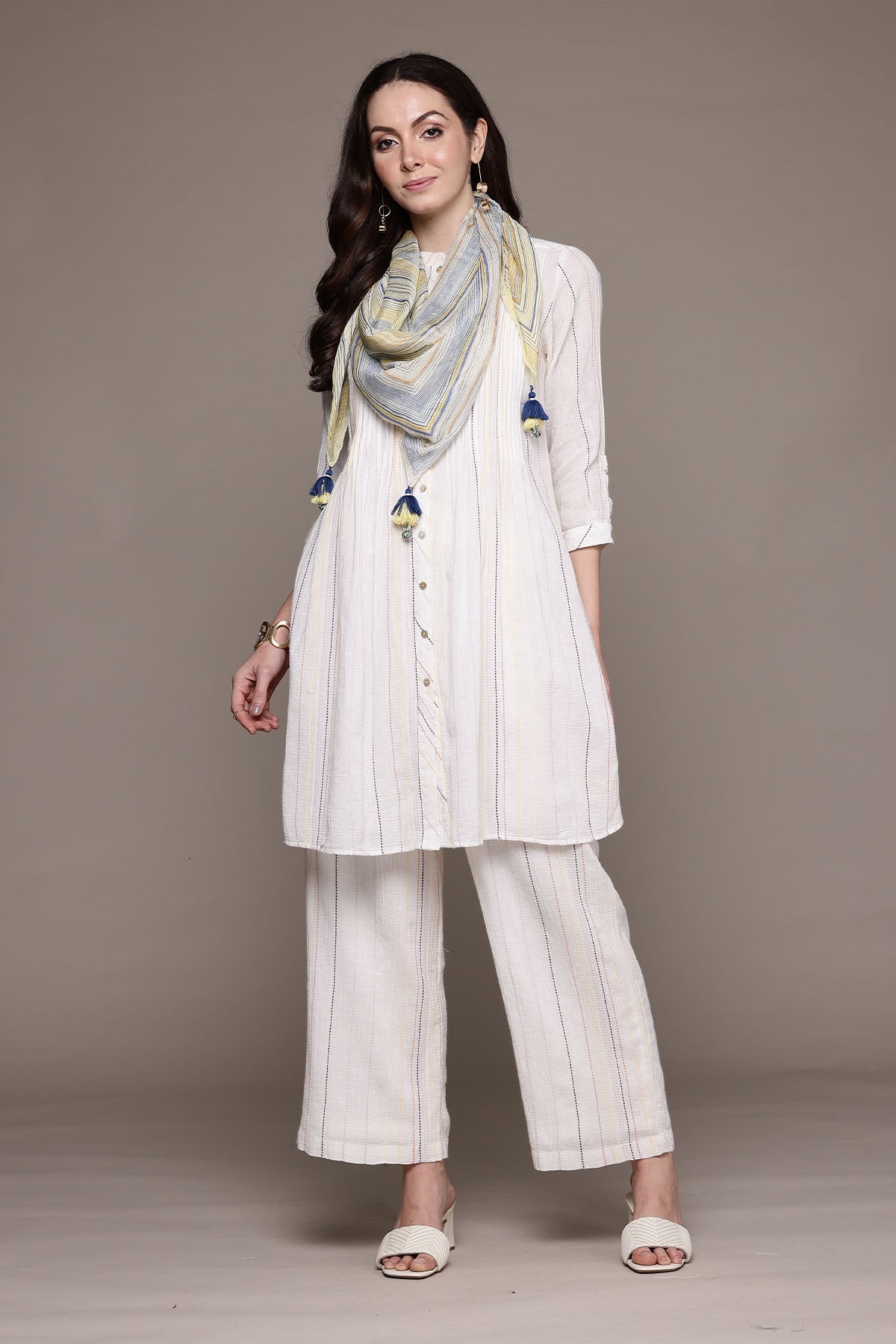 Ritu Kumar Beige Apeksha Kurta With Pant And Dupatta indian designer wear online shopping melange singapore 