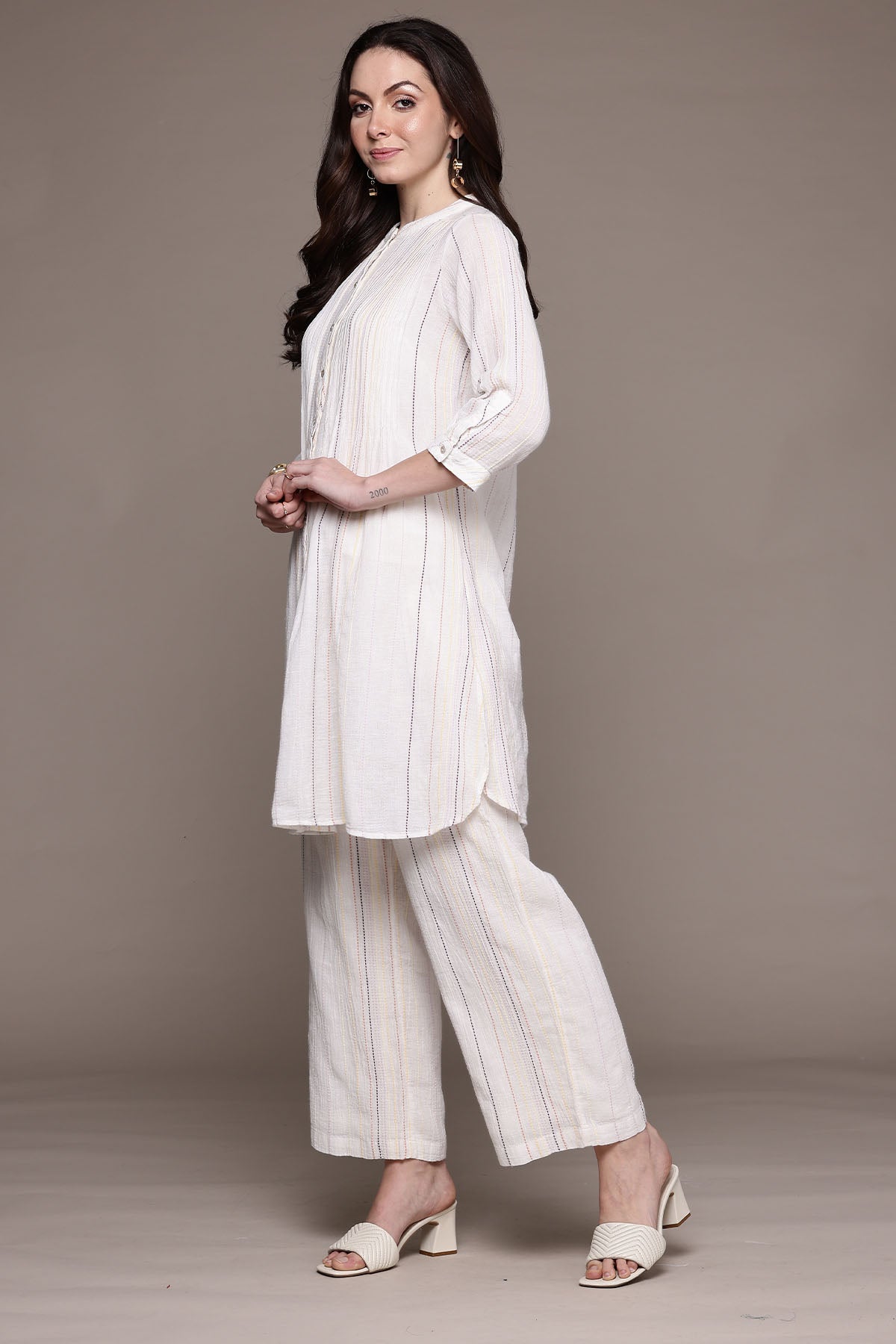 Ritu Kumar Beige Apeksha Kurta With Pant And Dupatta indian designer wear online shopping melange singapore 