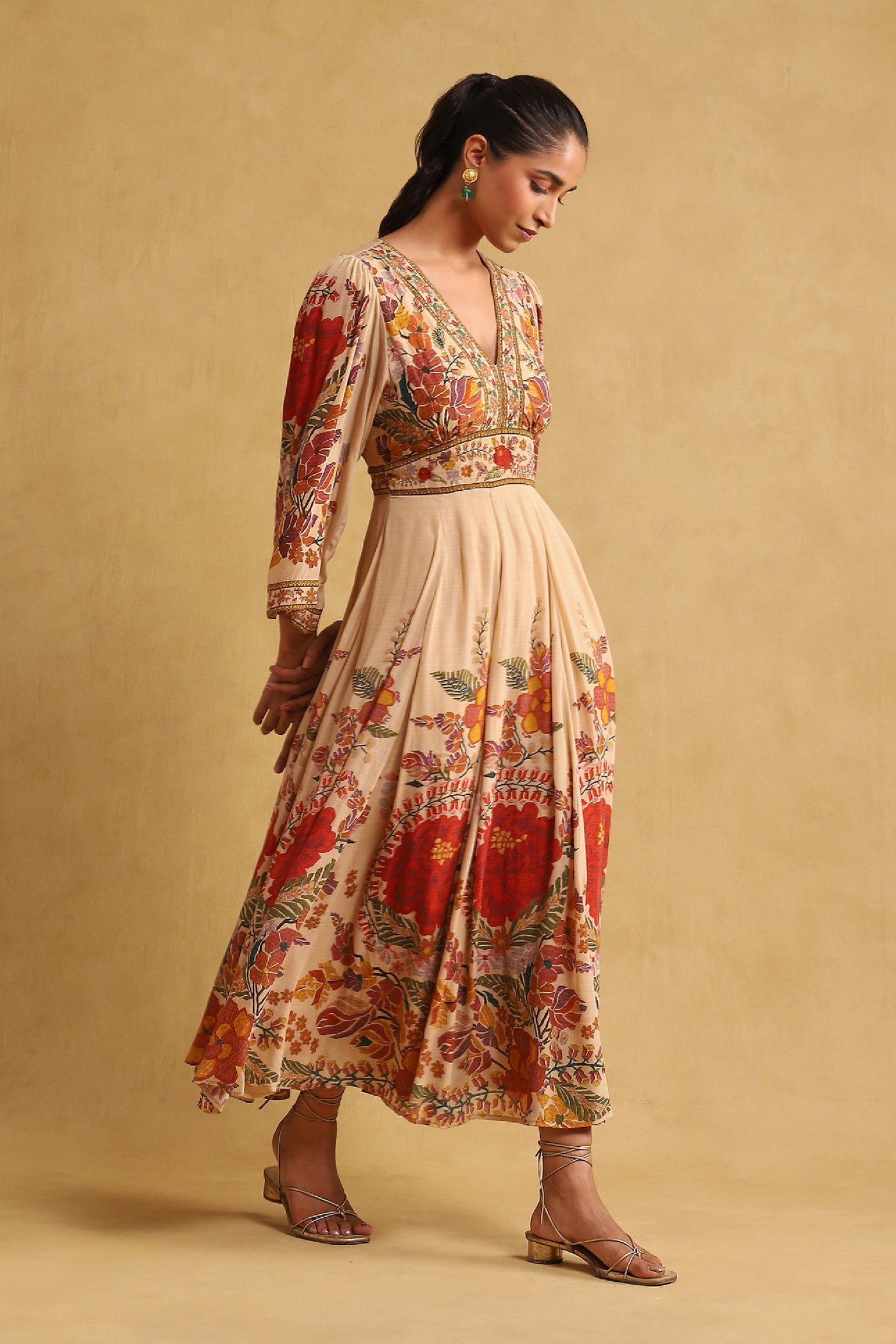 Ritu Kumar Beige Floral Print Dress indian designer wear online shopping melange singapore
