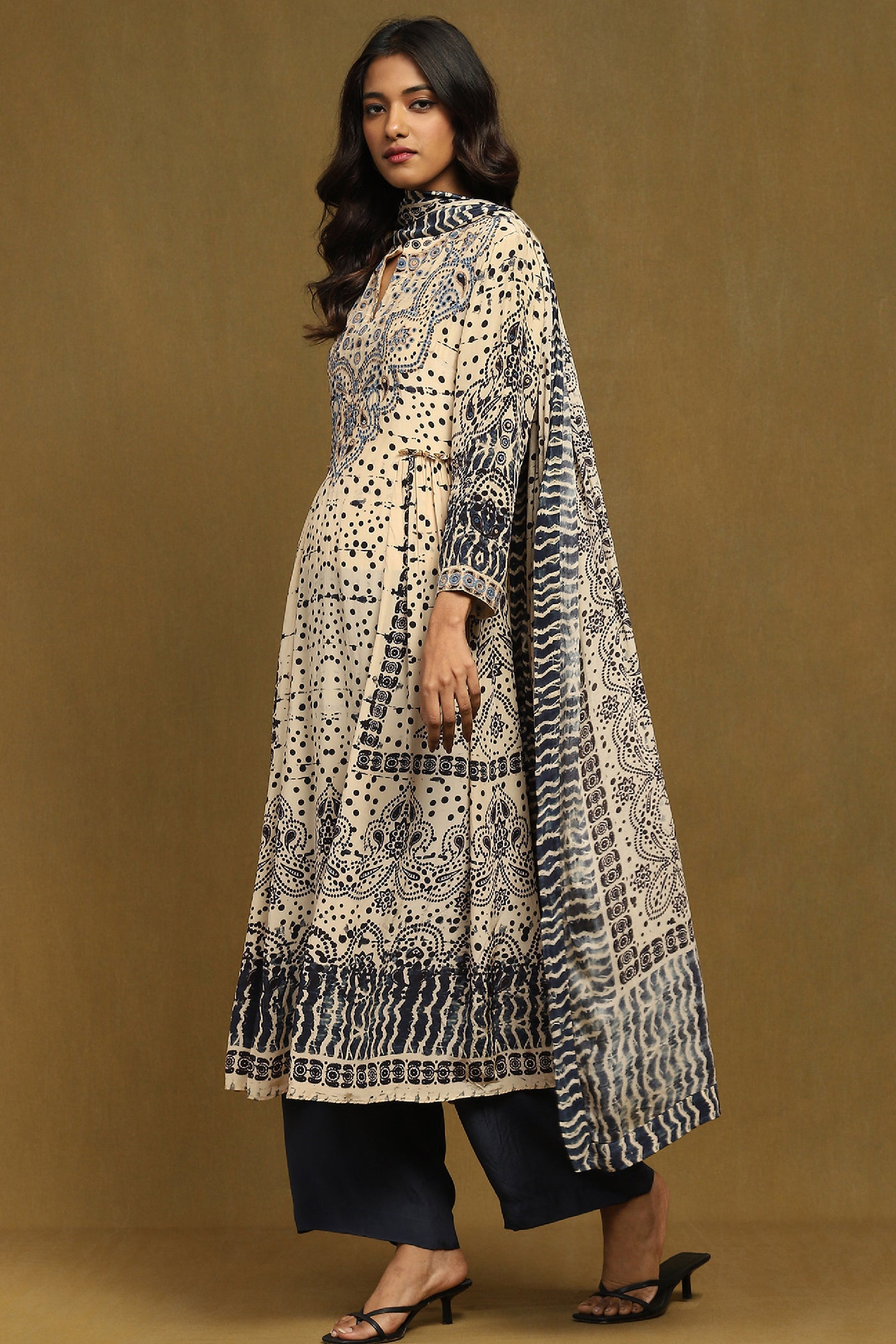 Ritu Kumar Beige Printed Kurta With Palazzo Dupatta And Camisole indian designer wear online shopping melange singapore